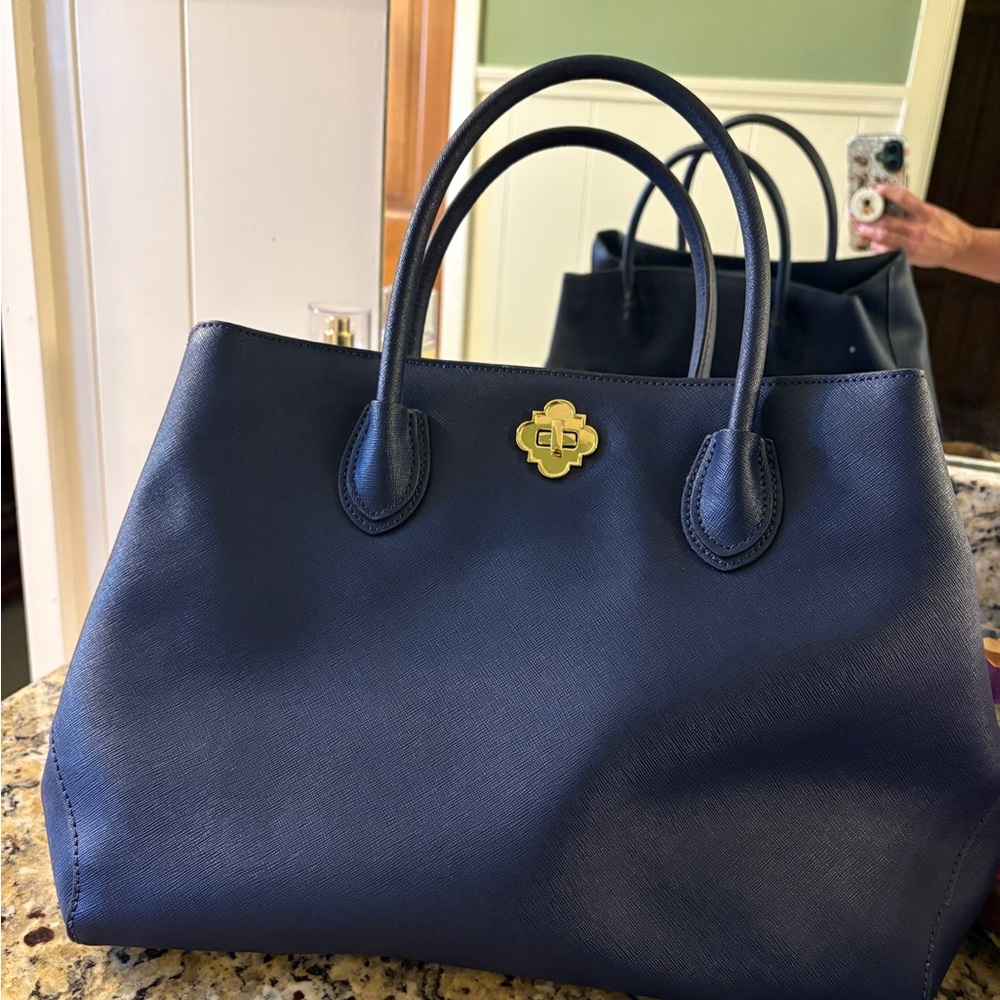 crown & ivy Navy Tote with Gold Plaque Accent